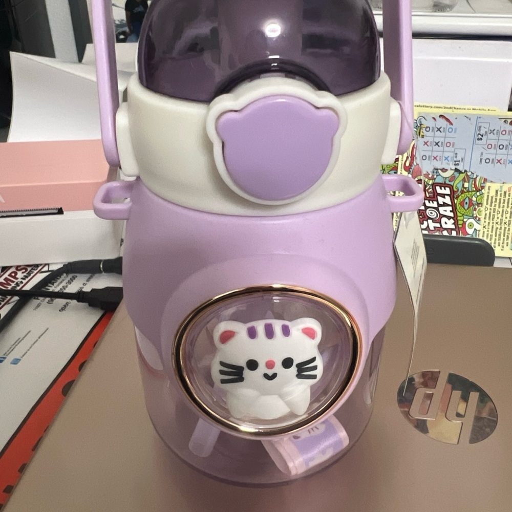 Cute Purple Water Bottle with Cat Design